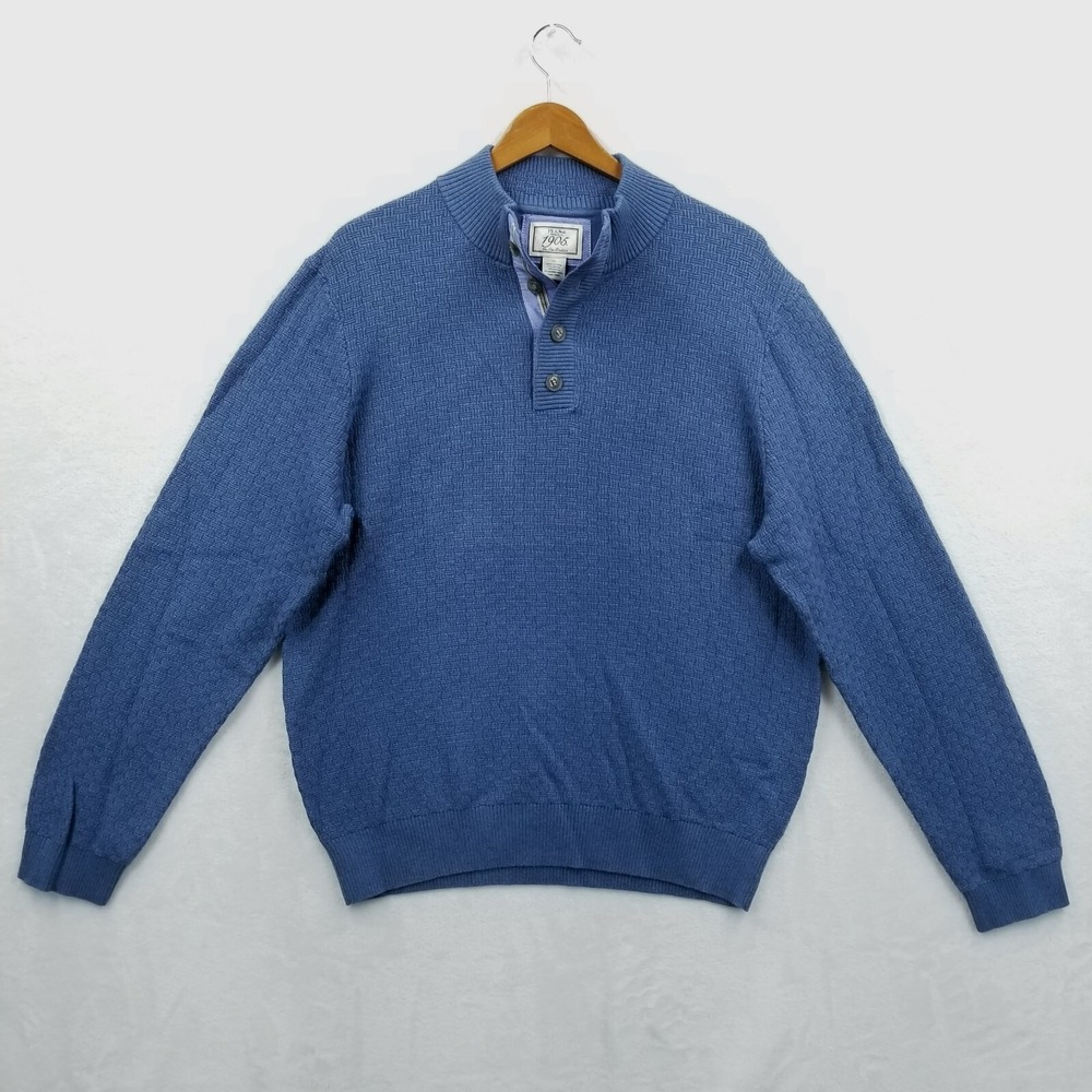 Jos A Bank Sweater Men XL Blue‎ Cotton Wool Henley Textured Knit Pullover New